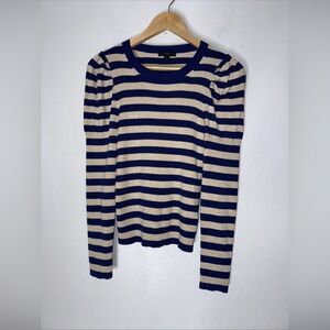 J Crew Puff-Sleeve Ribbed Sweater‎ Silk Blend Striped Blue Tan Small